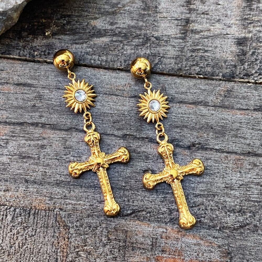 NEW Gold Gothic Cross Dangle Earrings - Picture 5 of 9